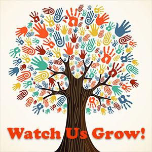Watch Us Grow graphic with handprints as leaves on a tree