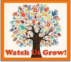 Watch Us Grow graphic with handprints as leaves on a tree